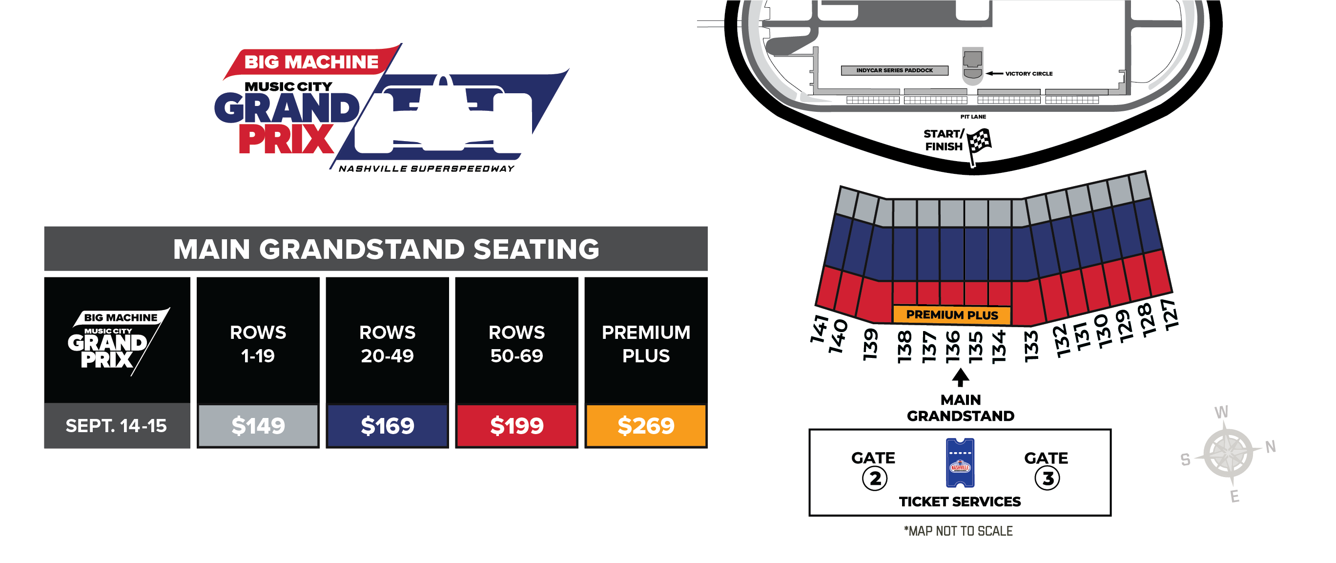 A map of the grandstand seating and prices for the Big Machine Music City Grand Prix 2024 race